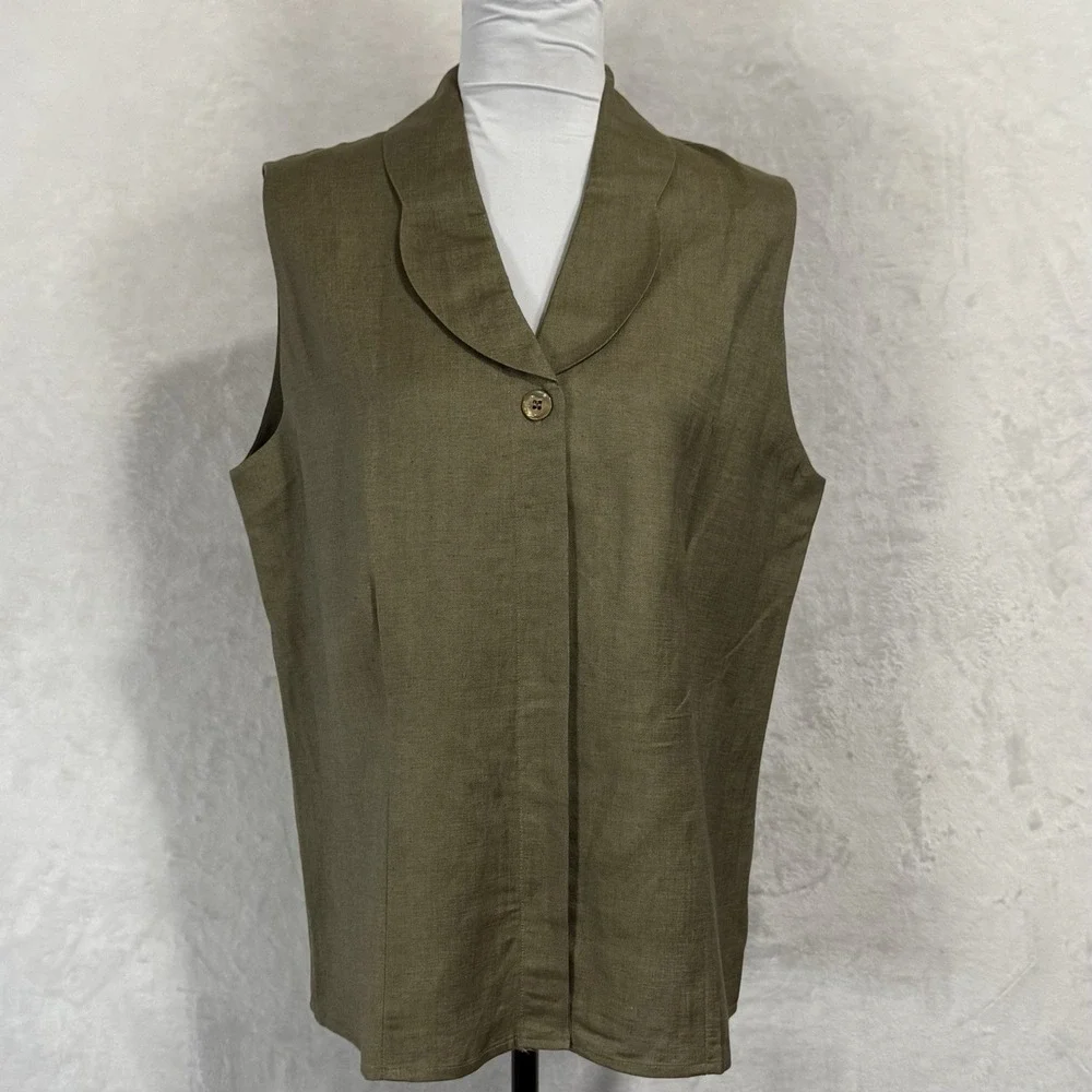 Linen Blend Button Down Sleeveless Olive Shirt - Picture 2 of 10